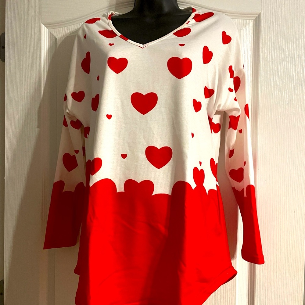 Valentine’s Day shirt. Size S. Cute red and white heart pattern. 95% polyester